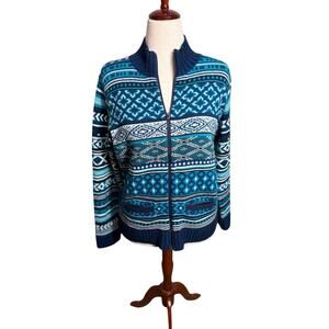 Title Nine cardigan sweater fair isle blue white mix pattern zip & pockets Sz L